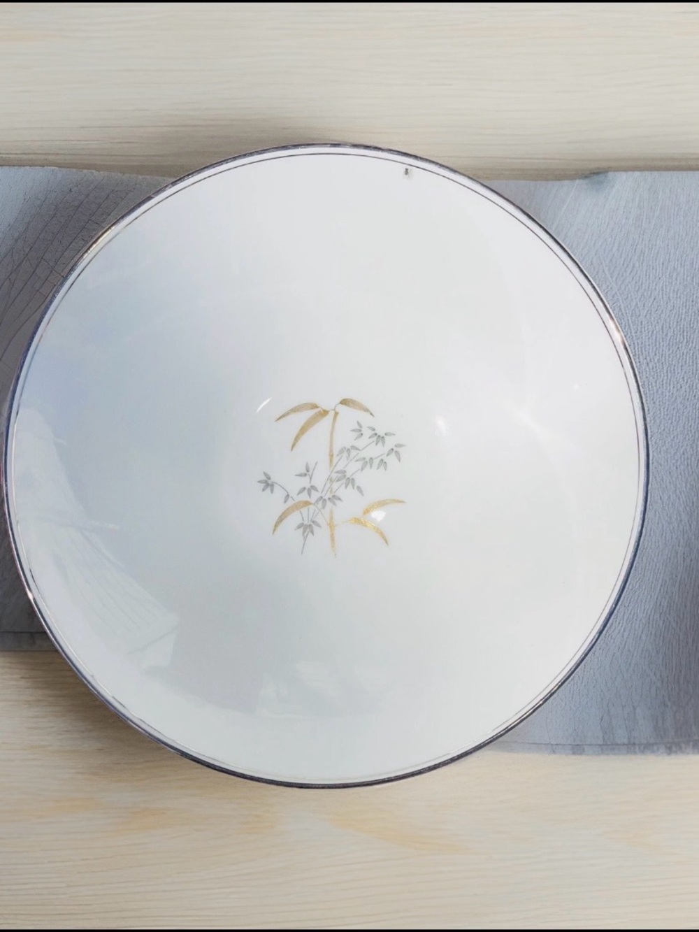 Vintage White Porcelain Bowl Gold Bamboo Design Platinum Rim Decorative Serving